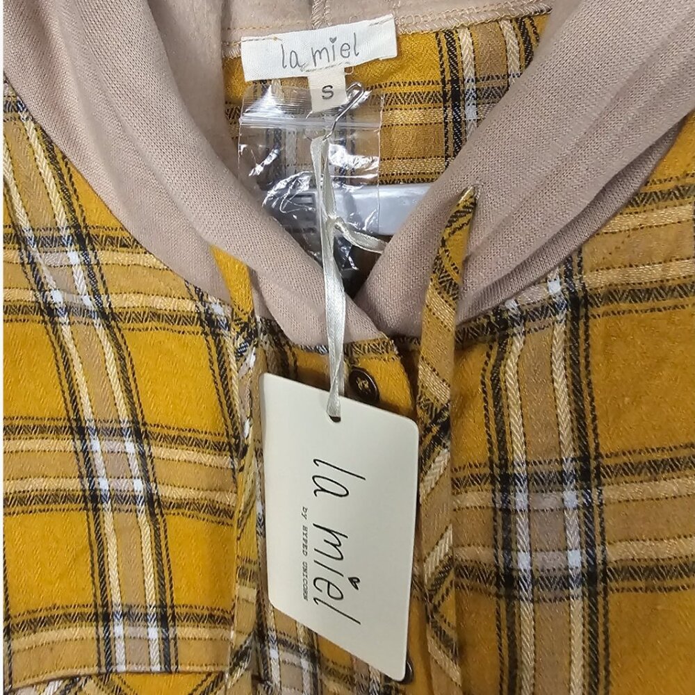 La Miel Mustard Yellow Plaid Button-Up Hooded Shirt Size S Long Sleeve Casual - Picture 3 of 8